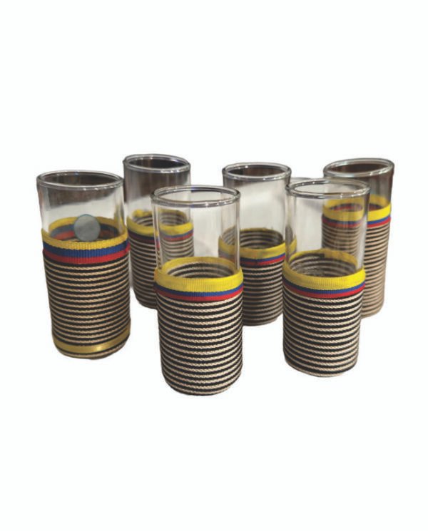 Colombian Artisan Tequila Shot Glasses with Tricolor Thread – Set of 6