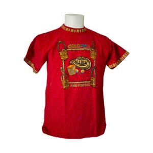 “Colombia País Positivo” Red T-Shirt – 100% Cotton – Red with Neon Ethnic Detail