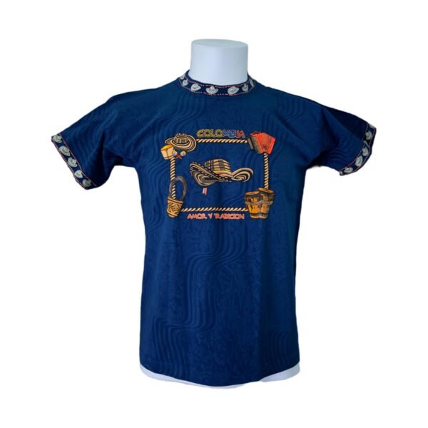 “Love & Tradition” Colombia Blue T-Shirt – 100% Cotton – Cultural Heritage Design