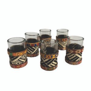 Set of 6 Small Colombian Shot Glasses – Handwoven Iraca Palm & Painted Leather