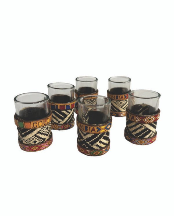 Set of 6 Small Colombian Shot Glasses – Handwoven Iraca Palm & Painted Leather