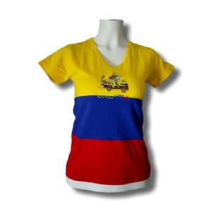 Women's Colombia Flag T-Shirt – Chiva Bus Embroidery – 100% Cotton