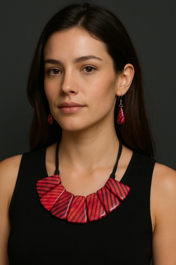 “Crimson Ray” Set – Red Striped Necklace & Earrings